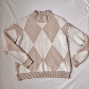 Argyle Mock-Neck Sweater, Cream & Tan, Size Small